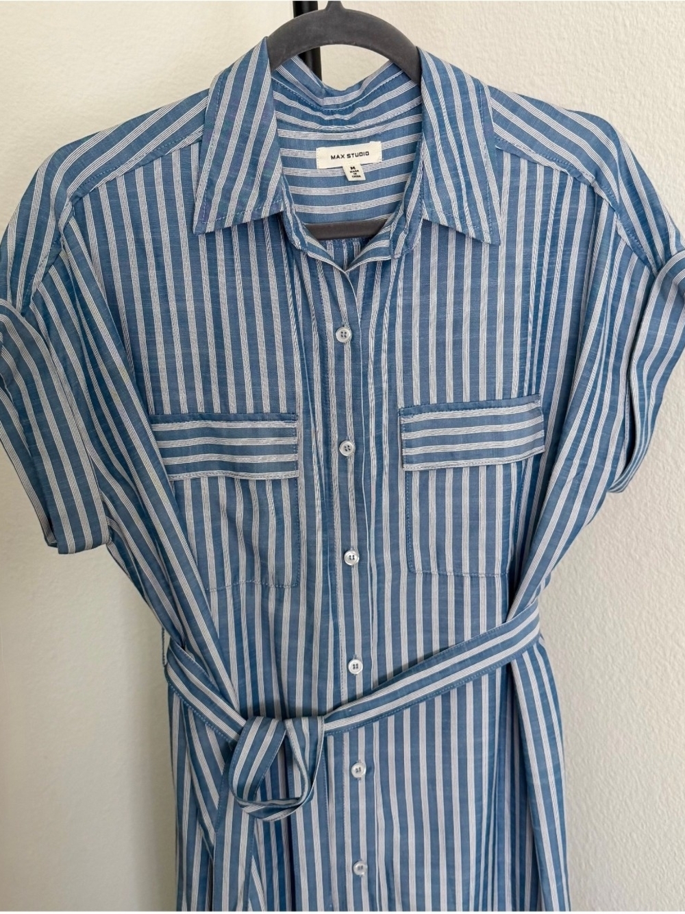 Max Studio Blue and White Striped Maxi Shirt Dress with Tie Waist - Picture 5 of 7